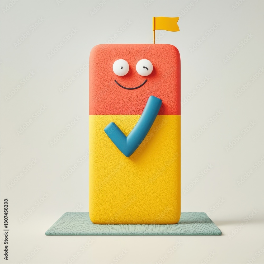 Poster spam call phone security concept. colorful character with a checkmark and flag, smiling on a pedesta