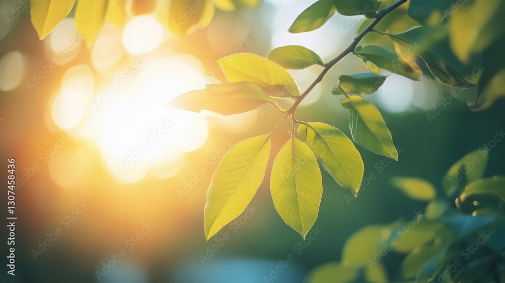 Poster sunlight filtering through lush green leaves creating a bokeh backdrop