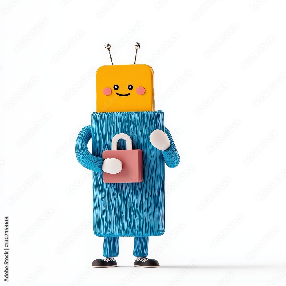 Poster spam call phone security concept. colorful character holding a lock with a friendly expression.