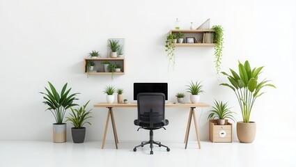 Modern Workspace with Plants, White Walls