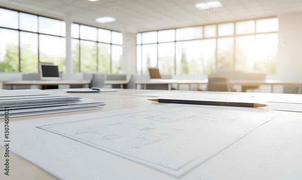 Aufkleber A high-quality image of an architectural design studio workspace featuring drafts and creative materials.