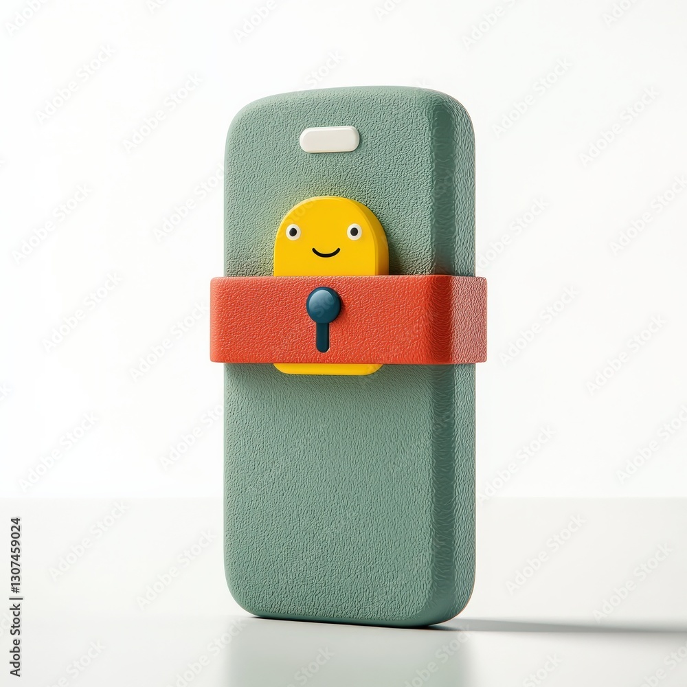Poster spam call phone security concept. playful phone case with a smiling character and colorful strap.