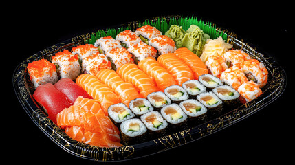Assorted sushi platter with nigiri rolls sashimi and wasabi on black tray