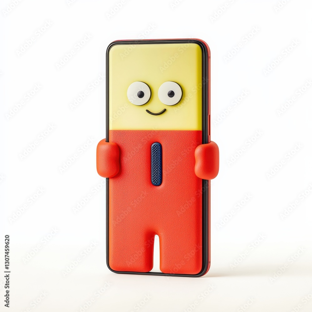 Poster spam call phone security concept. fun character phone case with a smiling face and bright colors.