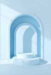 Fototapeta premium Minimalist product display, Pale blue arched interior, White circular podium, Soft diffused lighting, generative ai
