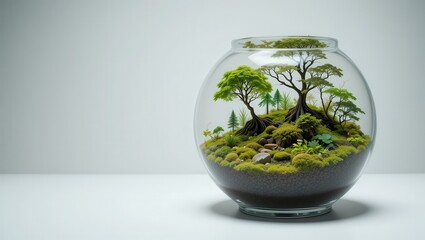 Miniature landscape in glass terrarium