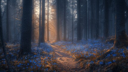 Fototapeta premium Misty forest path bathed in sunlight, blooming flowers