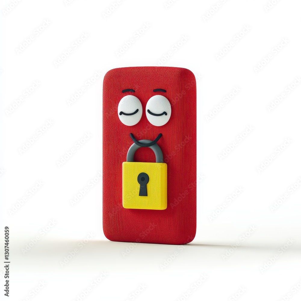 Poster spam call phone security concept. playful red character with a lock and eyes, designed for fun visua