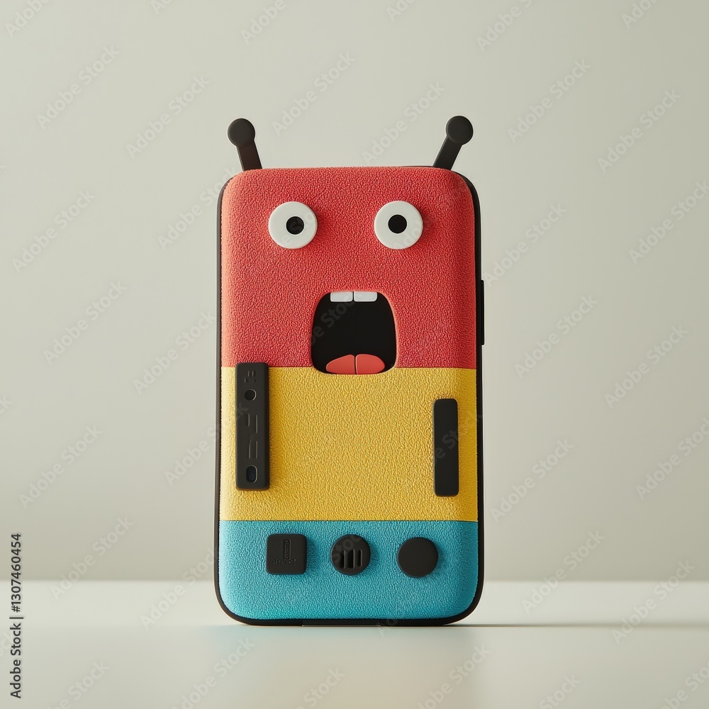 Poster spam call phone security concept. colorful phone case designed to look like a cartoon robot with exa