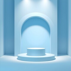 Minimalist product display, Pale blue arched interior, White circular podium, Soft diffused lighting, Clean geometric shapes, Monochromatic color scheme, Empty showcase, Modern architectural design