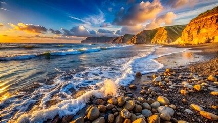 Obraz premium Golden Hour Rocky Coastline with Foamy Ocean Waves