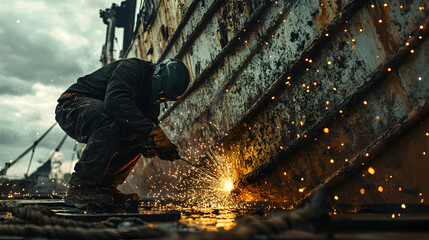 Welder Repairing Rusted Metal Ship Hull