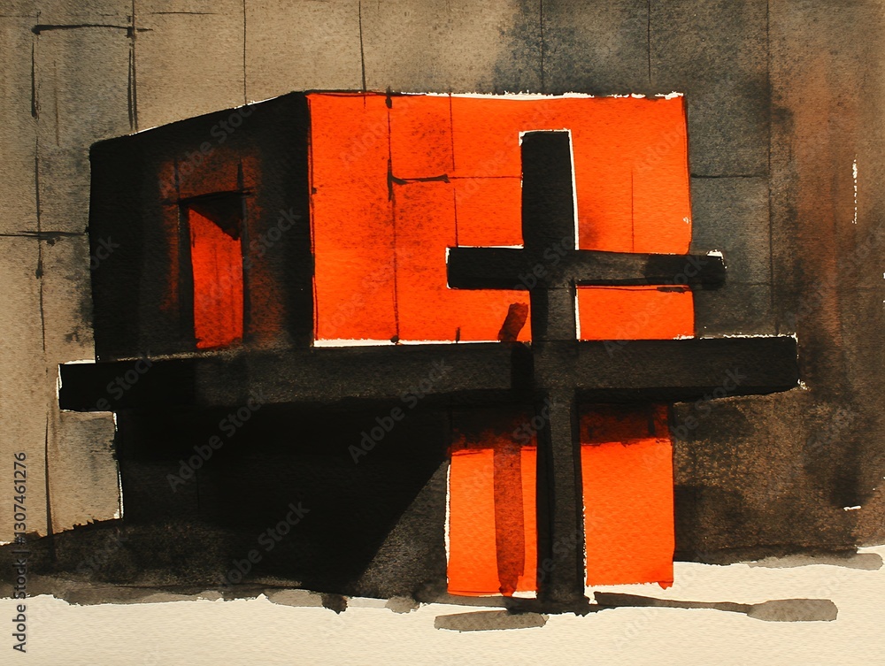 Poster watercolor rendering of a modern cross with abstract building design