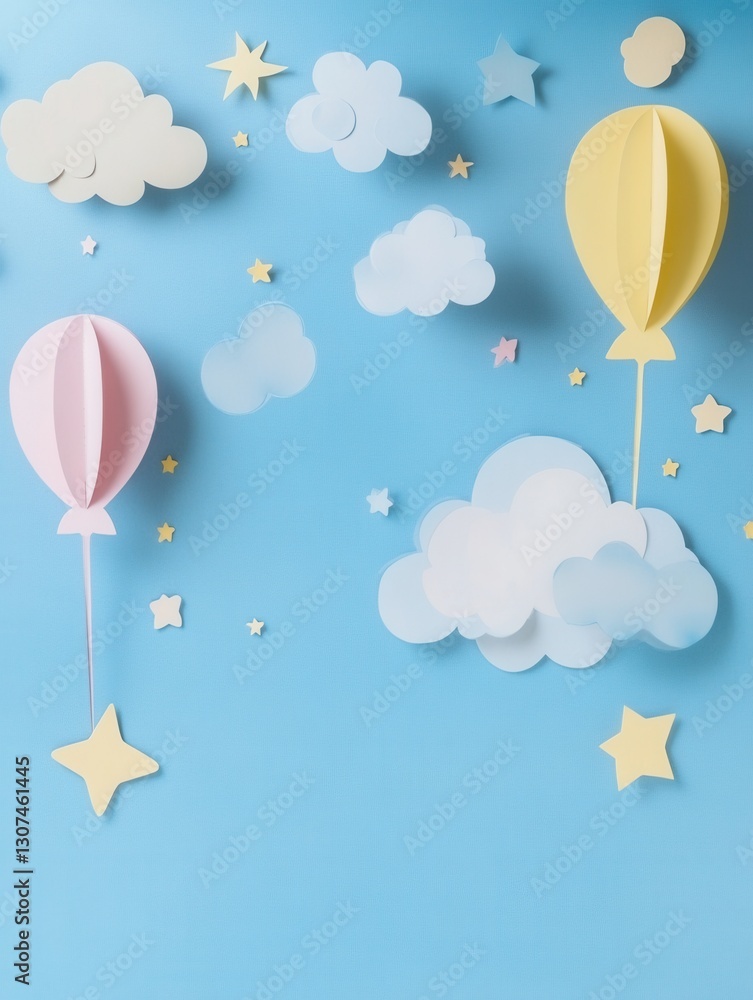 Poster Charming whimsical paper art background with pastel clouds and floating balloons creating a dreamy atmosphere Generative AI