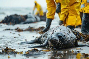 Obraz premium Rescue team saving oil-slicked seal on beach