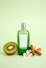 Green glass bottle, kiwi fruit half, cinnamon sticks, white tropical flower, pastel green background, product photography, perfume advertisement, aromatic composition, minimalist styling