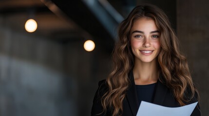 Obraz premium A smiling young woman holding paper in a professional setting