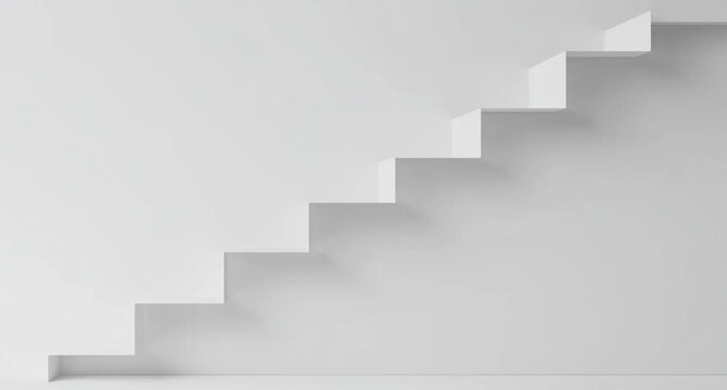 White stairs in minimalism, simplicity, light and shadow style in pure white space background. White staircase floating in mid-air.