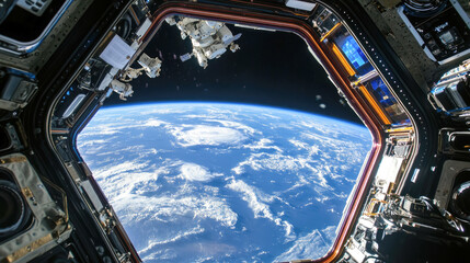 View of earth from space station window with cloudy atmosphere and spacecraft exterior