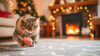 Playful cat with yarn ball in cozy living room with fireplace and christmas decorations