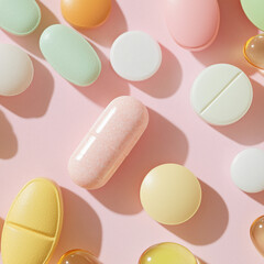 Various Medications and Pills on a Pastel Background, Pharmaceutical Drugs, Healthcare Concept  
