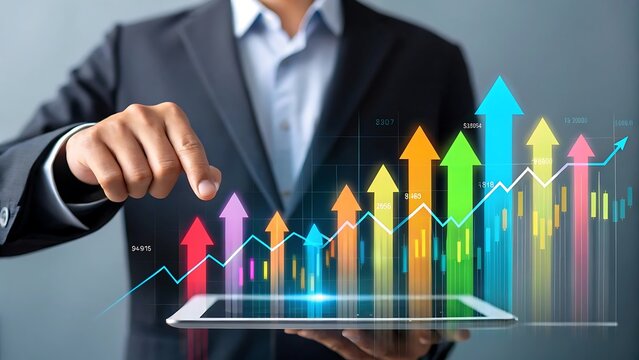 Market Growth Projection: A businessman, poised with a digital tablet and a clear visualization of upward-trending market growth, conveys a message of prosperity and innovation.