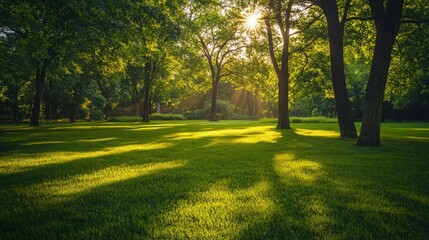 Naklejka premium Serene park landscape, golden sunlight filtering through trees, lush green grass, long shadows, tranquil evening atmosphere, vibrant nature scenery, peaceful outdoor setting, dappled light on lawn