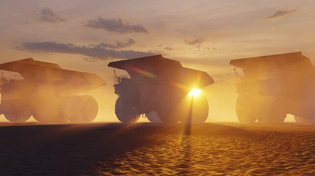 A large number of yellow mining quarry dump trucks. Huge yellow Ore mining trucks. Heavy mining equipment. 3D render.