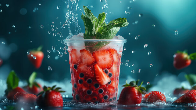 Plastic cup of Strawberry boba bubble tea with fresh strawberries and mint, very refreshing in dynamic  advertisement concept design. Cold and refreshing drink with tapioca pearls and ice 