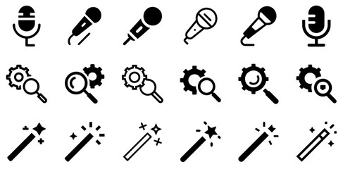 "Microphone, Magnifying Glass, Gear, and Magic Wand Icon Set &ndash; Technology and Fantasy Vector Symbols"