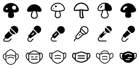 "Mushroom, Microphone, and Medical Mask Icon Set – Nature, Communication, and Health Vector Symbols"