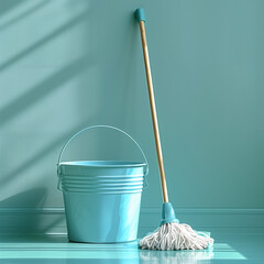 Mop and Cleaning Equipment on a Pastel Background, Housekeeping and Hygiene Concept  
