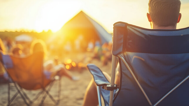 Diverse group of friends sitting, chilling on camping chairs in lake beach sand campground area with campfire, tents, sunset sunrise background