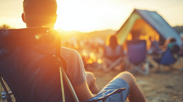 Diverse group of friends sitting, chilling on camping chairs in lake beach sand campground area with campfire, tents, sunset sunrise background