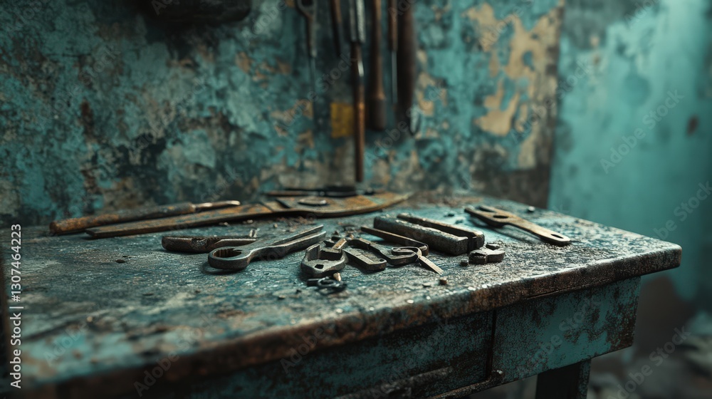 Poster grungy workshop scene featuring a collection of weathered hand tools on workbench