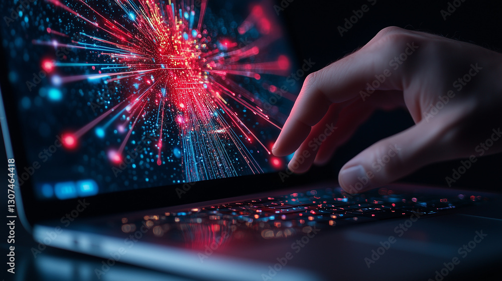 Aufkleber hand interacting with laptop displaying vibrant digital data visualization, symbolizing technology a