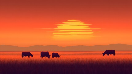 Fototapeta premium Sunset Over Open Field with Cows Grazing Silhouetted in Horizon