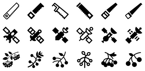 "Saw, Satellite, and Rowan Icon Set &ndash; Technology and Nature Vector Symbols"