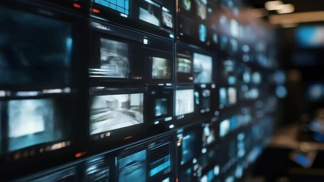 Surveillance technology dynamically displaying multiple video feeds rapidly changing across digital screens in dark, blue tinted control center monitoring system environment