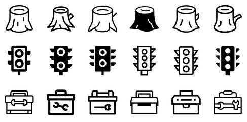 "Tree Stump, Traffic Lights, and Toolbox Icon Set – Nature and Utility Vector Symbols"