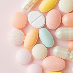 Various Medications and Pills on a Pastel Background, Pharmaceutical Drugs, Healthcare Concept  
