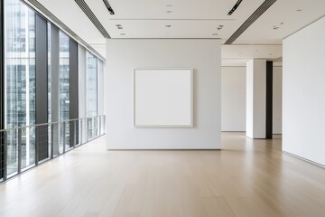 Obraz premium A minimalist gallery space featuring large windows, wooden flooring, and an empty white frame on the wall, creating a serene and open atmosphere.