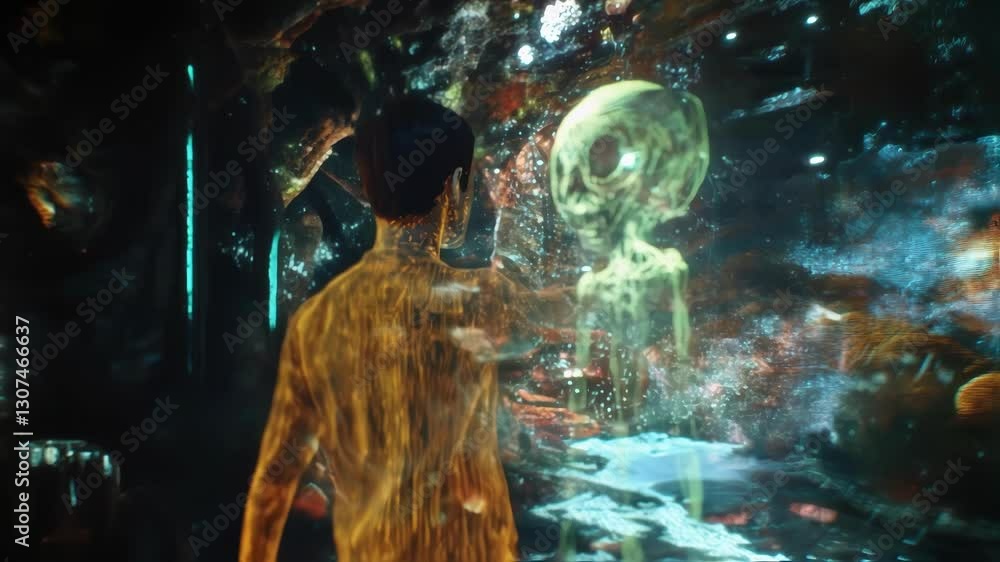 Poster golden energy surging through spacesuit, astronaut encountering spectral extraterrestrial being with