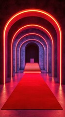 Illuminated corridor with red carpet and glowing arches creating a dramatic entrance at night