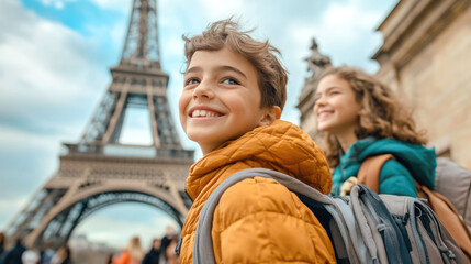 Smiling caucasian children enjoying paris by the eiffel tower