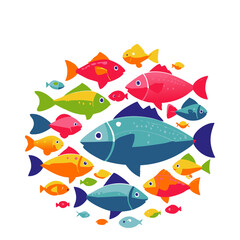 Fototapeta premium Colorful fish illustration featuring a diverse school of vibrant, stylized fish swimming together in a modern and minimalistic vector art style.