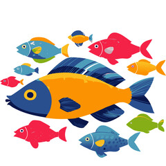 Fototapeta premium Colorful fish illustration featuring a diverse school of vibrant, stylized fish swimming together in a modern and minimalistic vector art style.