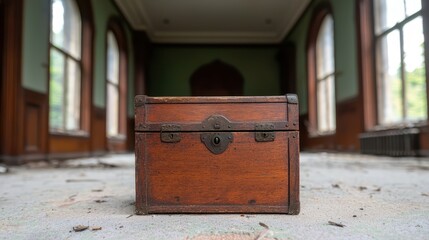 Hidden treasure chest Concept, An Old Chest Cleverly Disguised as Furniture in an Abandoned Room Surrounded by Dust and Decay
