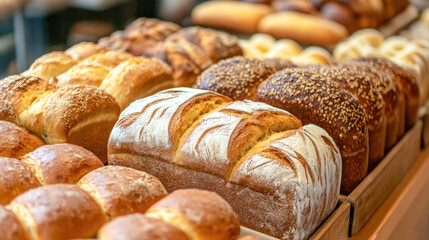 Assorted artisan bread loaves displayed in bakery with various textures and toppings