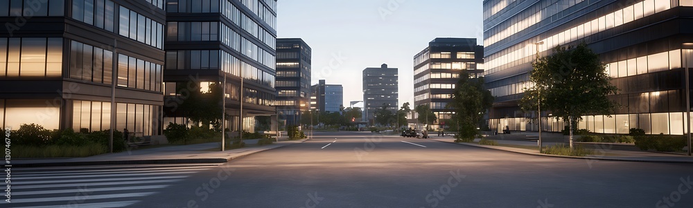 Aufkleber a serene city intersection at dawn, featuring modern architecture and a tranquil atmosphere.